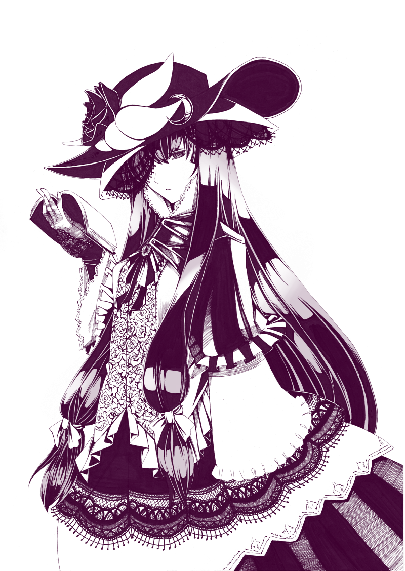 alternate_costume book crescent dress flower hair_ribbon hat hat_flower i-la long_hair monochrome patchouli_knowledge ribbon rose solo touhou transparent_background very_long_hair vest wide_sleeves