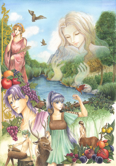 apple artemis_(mythology) bird blonde_hair blue_eyes blue_hair brown_hair centaur copyright_request deer demeter_(mythology) dionysus food fruit god goddess grapes greek green_hair kaori_natsuki long_hair monster_boy mythology orange_hair purple_eyes purple_hair satyr short_hair squirrel traditional_media tree violet_eyes water