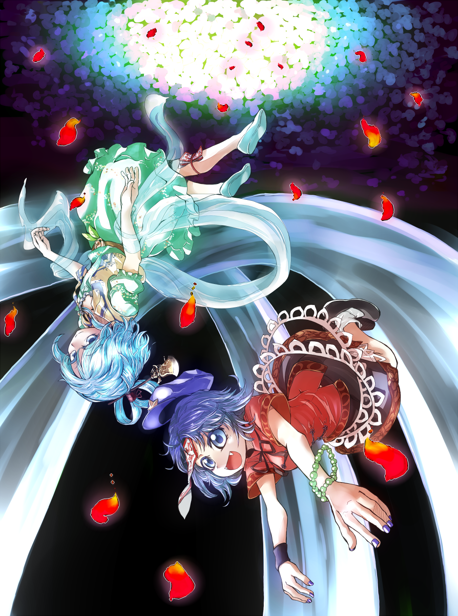 2girls blue_eyes blue_hair bracelet chinese_clothes flower hair_ornament hair_rings hair_stick hat highres jewelry kaku_seiga miyako_yoshika multiple_girls ofuda open_mouth outstretched_arms petals shawl short_hair smile touhou upside-down yafu zombie_pose