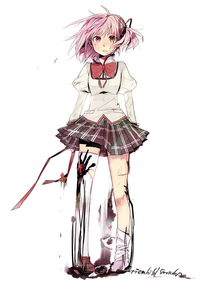 alternate_hairstyle asymmetrical_hair bow bowtie character_name eyes flower hair_down hair_ornament hair_ribbon hand_on_thigh hands holding kaname_madoka kriemhild_gretchen ktro loafers long_sleeves loose_thighhigh mahou_shoujo_madoka_magica miniskirt pigeon-toed pink_eyes pink_hair plaid plaid_skirt pleated_skirt puffy_sleeves ribbon school_uniform scratches shoes short_hair side_ponytail simple_background single_shoe skirt solo spoilers standing thigh-highs thighhighs torn_thighhighs uniform white_background white_legwear wind zettai_ryouiki