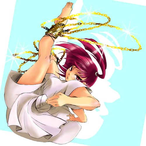 ankle_cuffs bare_legs barefoot chain chains cuffs dress feet fighting_stance fist gold jewelry lowres magi_the_labyrinth_of_magic morgiana necklace red_hair redhead shackles simple_background solo sparkle white_dress