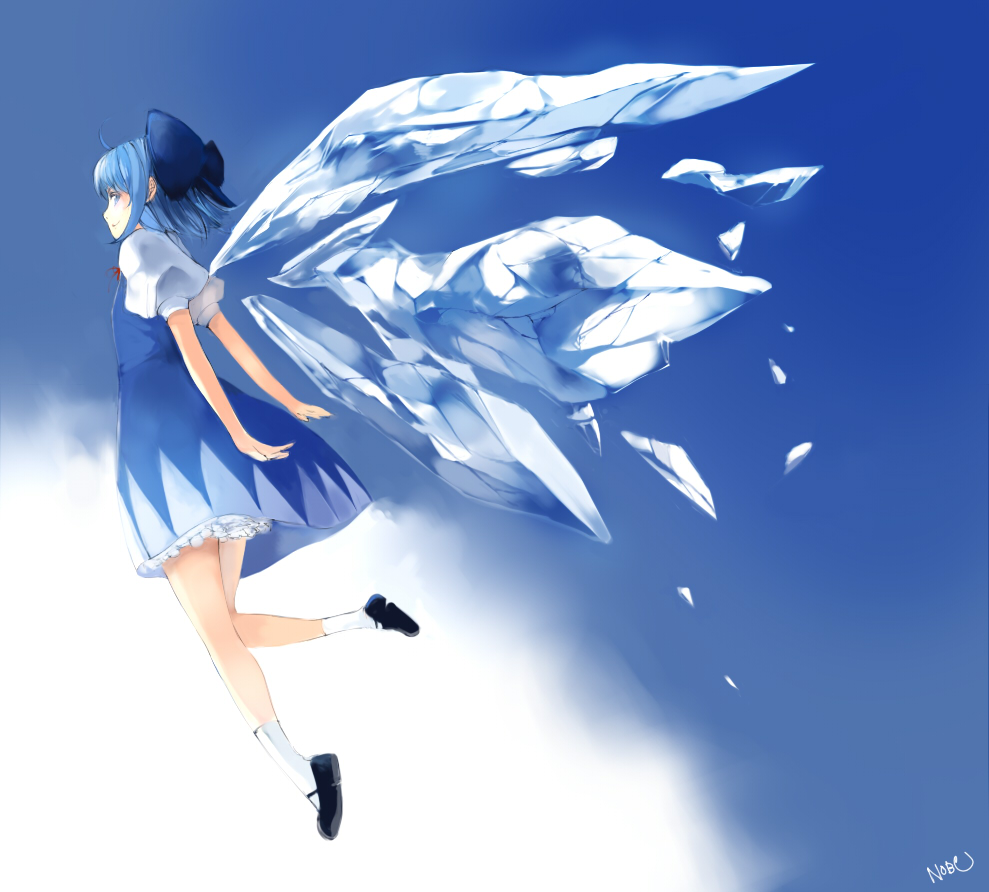 bloomers blue_dress blue_eyes blue_hair bow cirno dress footwear hair_bow hair_ornament ice mary_janes nobusnow shoes short_hair smile socks solo touhou white_legwear wings