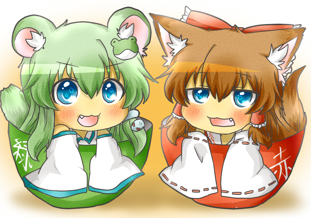 :3 animal_ears blue_eyes blush bow brown_hair cat_ears chibi detached_sleeves fang frog girl_in_a_bowl green_hair hair_bow hair_tubes hakurei_reimu hamster_ears in_bowl in_container kemonomimi_mode kochiya_sanae long_hair long_sleeves miko multiple_girls open_mouth rebecca_(keinelove) rebecca_(naononakukoroni) snake tail touhou translated translation_request