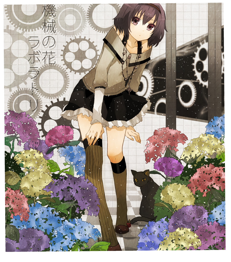 brown_hair buzz cat flower hairband jewelry necklace original skirt thigh-highs thighhighs