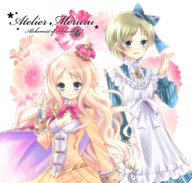 apron atelier atelier_(series) atelier_meruru blonde_hair blue_eyes bow braid brooch brown_hair cape crown dress flask floral_background flower green_eyes gust hair_ribbon heart hoshino jewelry kaena_swaya long_hair merurulince_rede_arls multiple_girls ribbon short_hair smile test_tube title_drop white_dress