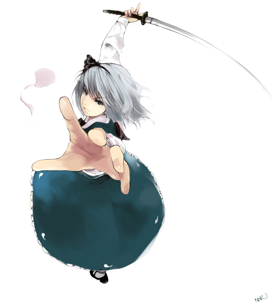 foreshortening green_eyes hairband hands katana konpaku_youmu mary_janes nobusnow scabbard sheath shoes short_hair silver_hair skirt solo sword touhou weapon