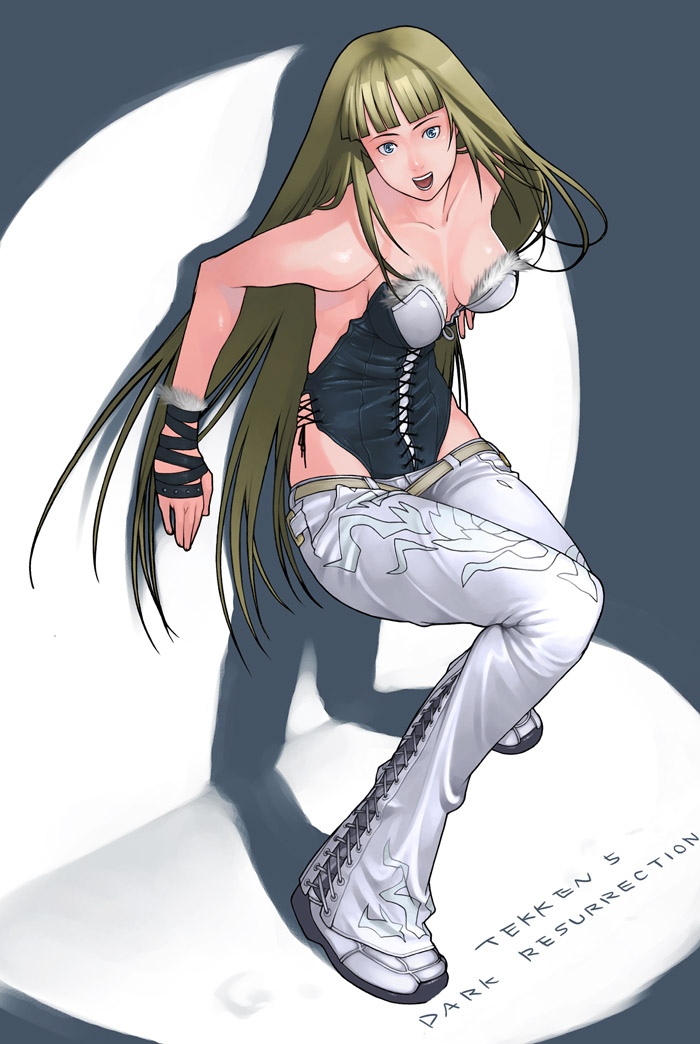 1girl against_wall alternate_costume bare_shoulders blonde_hair blue_eyes breasts casual corset emilie_de_rochefort g-room_honten lace-up_legwear long_hair lowleg lowleg_pants namco pants shadow shoes sneakers solo spotlight tekken tekken_5 tekken_5_(dark_resurrection) very_long_hair wrist_ribbon