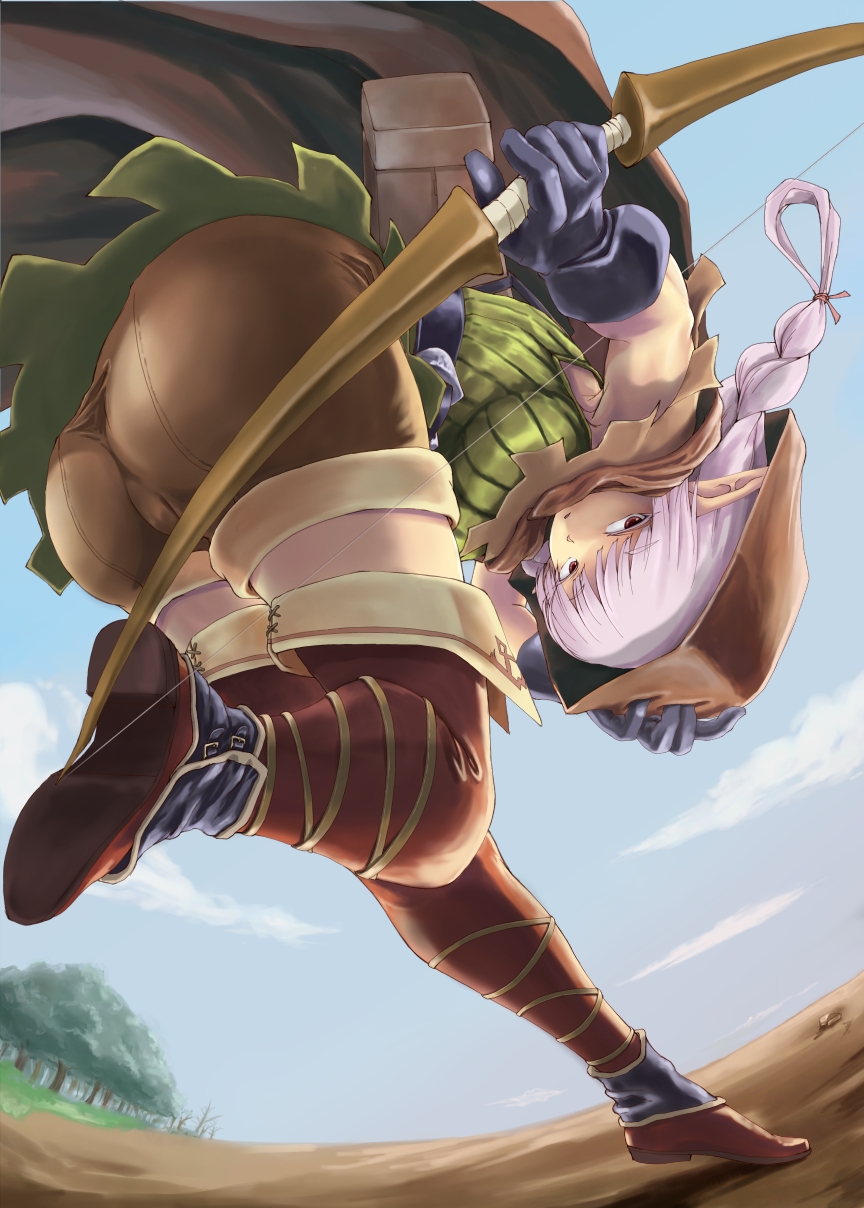 belt boots bow_(weapon) braid brown_eyes cloak dragon's_crown dragon's_crown elf elf_(dragon's_crown) elf_(dragon's_crown) gloves highres hood katatuki pointy_ears shorts solo thigh-highs thigh_boots thighhighs twin_braids vanillaware weapon