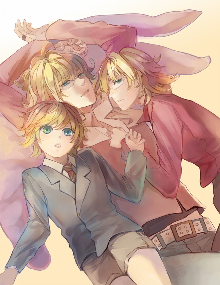 barnaby_brooks_jr belt blonde_hair child glasses green_eyes haizhe jacket jewelry male multiple_boys necklace necktie red_jacket short_hair shorts studded_belt stuffed_animal stuffed_bunny stuffed_toy teenage tiger_&amp;_bunny time_paradox young