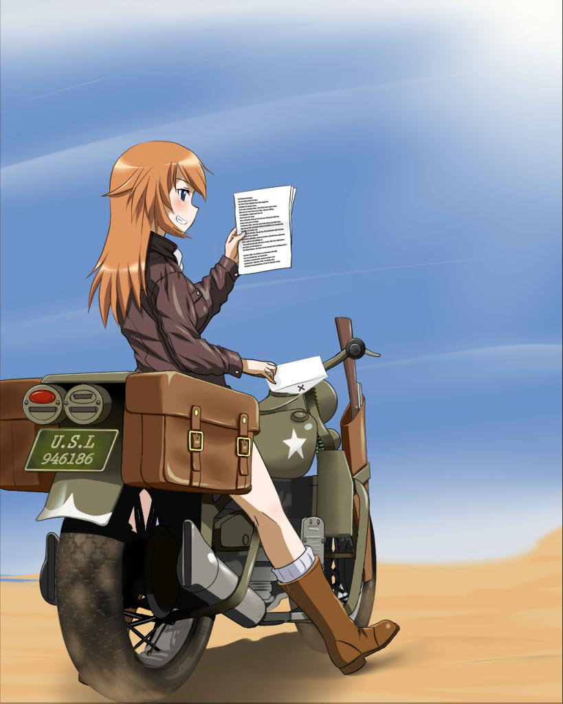 1girl blue_eyes brown_hair charlotte_e_yeager envelope gun holster long_hair map military military_vehicle motor_vehicle motorcycle novram58 paper rifle smile solo strike_witches vehicle weapon
