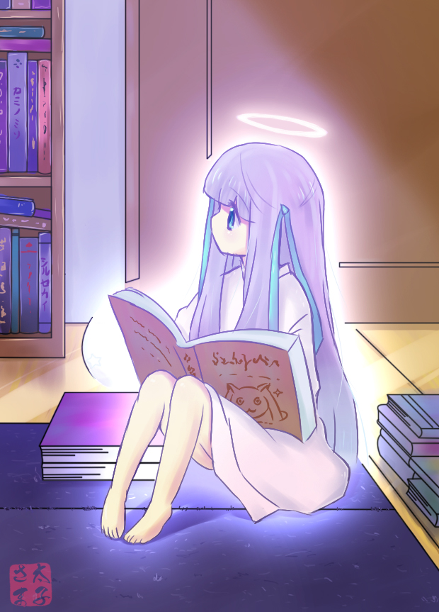 :3 aura barefoot beckitach book bookshelf cameo colored door floor glowing goddess halo japanese_clothes kami_nomi_zo_shiru_sekai kimono kyubey library long_hair mahou_shoujo_madoka_magica manga manga_(object) mata minerva_(kami_nomi_zo_shiru_sekai) minerva_(kaminomi) on_floor purple_eyes purple_hair room sitting solo spoilers violet_eyes wakaki_tamiki wall wooden_floor yukata