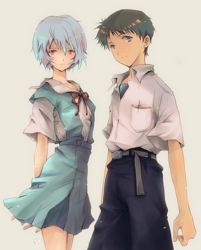 belt blue_eyes blue_hair bow brown_hair ikari_shinji male nagisa-a neon_genesis_evangelion pants pocket rebuild_of_evangelion red_eyes ribbon school_uniform short_hair skirt smile