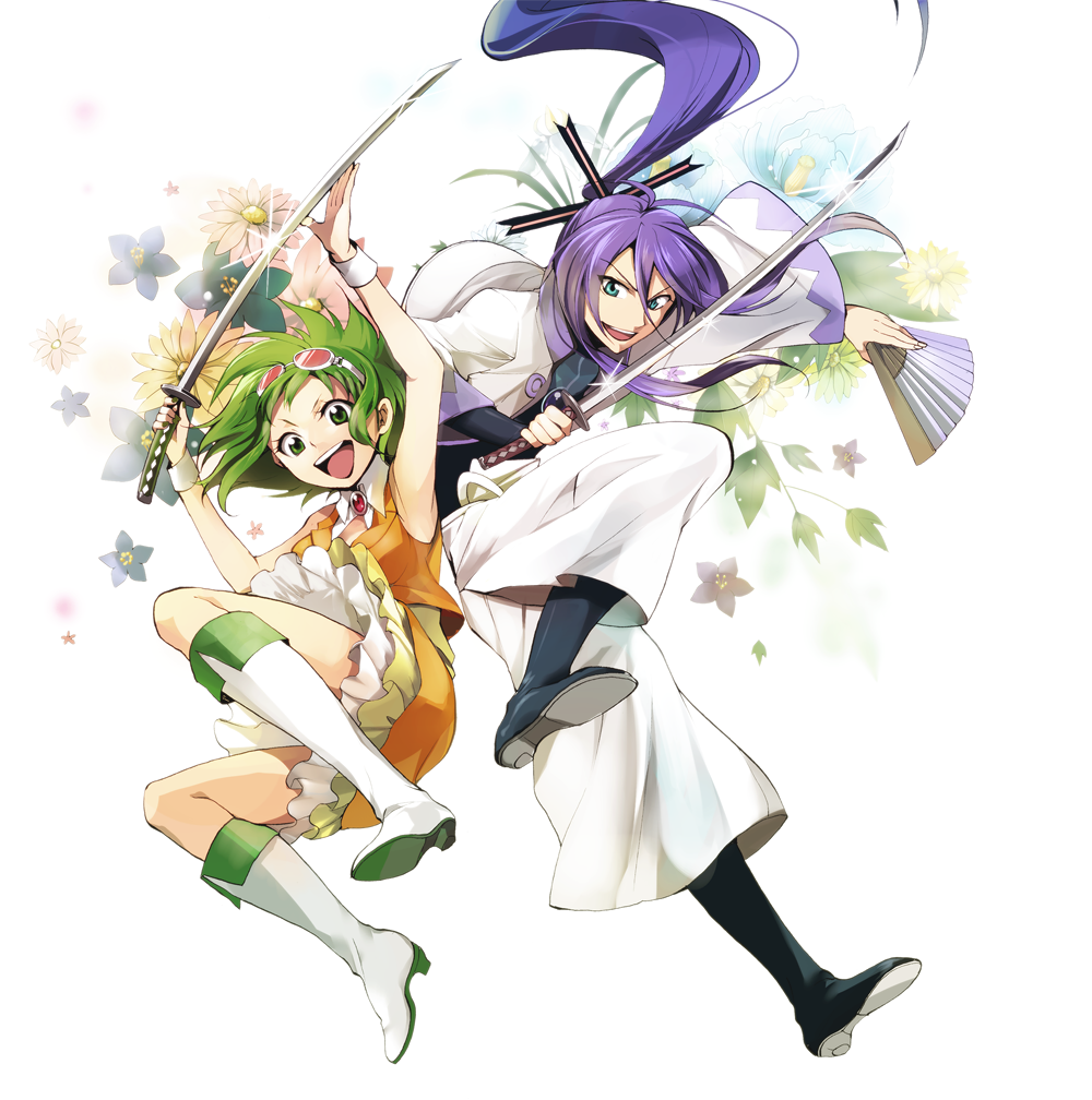 fan flower goggles green_eyes green_hair gumi hakka_(hakkakka) hirococo_(hakka) jumping kamui_gakupo long_hair purple_hair shoes skirt smile spiked_hair spiky_hair sword vocaloid weapon wrist_cuffs