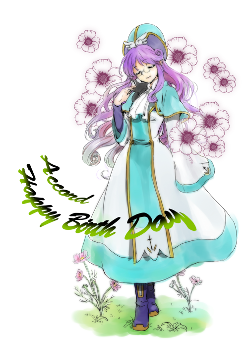 1girl accord_sensei akakokko boots cat character_name closed_eyes cravat curly_hair dress flower glasses happy_birthday hat long_hair popoi purple_hair puyopuyo puyopuyo_fever shawl solo tabard