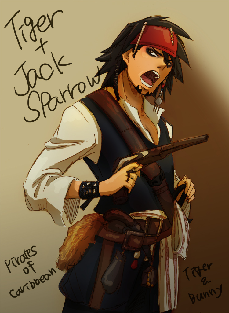 artist_request brown_eyes brown_hair cosplay eyeshadow facial_hair gun hirata_hiroaki jack_sparrow jack_sparrow_(cosplay) kaburagi_t_kotetsu kairi622 makeup male open_mouth parody pirate pirates_of_the_caribbean pistol seiyuu_connection solo stubble tiger_&amp;_bunny vest weapon