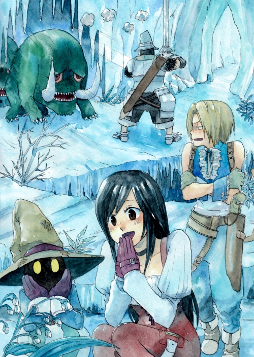 armor black_hair black_mage blonde_hair cave cold deboo final_fantasy final_fantasy_ix final_fantasy_xi garnet_til_alexandros_xvii ice_cave long_hair plant red_eyes sharp_teeth short_hair traditional_media trembling tusks vivi_ornitier watercolor_(medium) yellow_eyes zidane_tribal