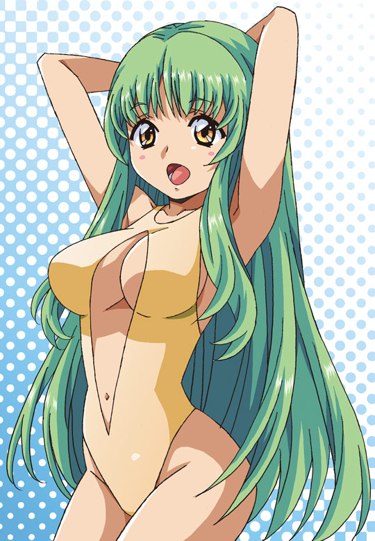 breasts casual_one-piece_swimsuit cleavage green_hair large_breasts long_hair one-piece_swimsuit original swimsuit yellow_eyes