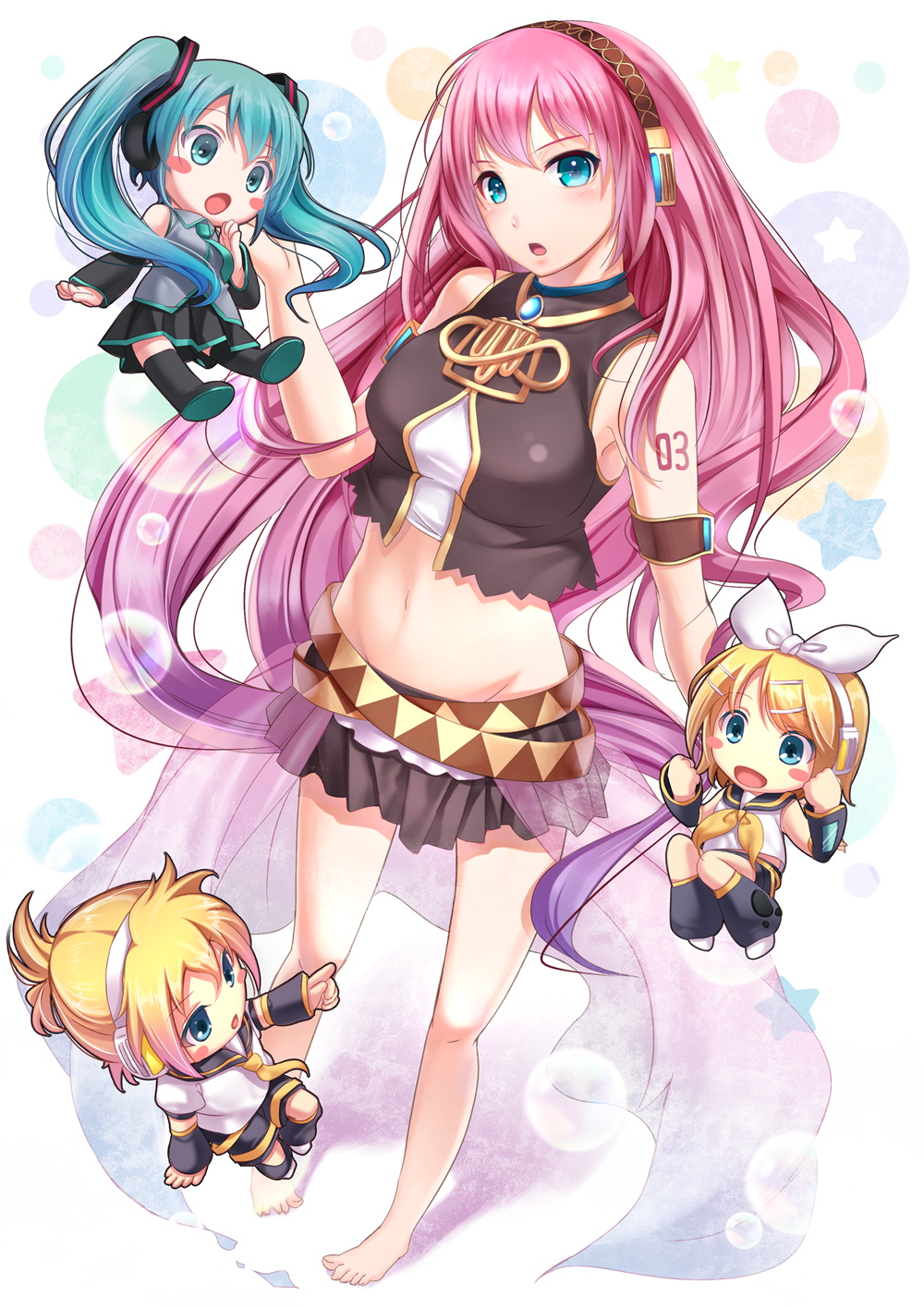 :o aqua_eyes aqua_hair armband barefoot black_legwear blonde_hair blush_stickers chibi chobipero detached_sleeves foreshortening hairband hatsune_miku headphones highres jewelry kagamine_len kagamine_rin long_hair megurine_luka midriff multiple_girls navel necklace open_mouth pink_hair skirt twintails vocaloid