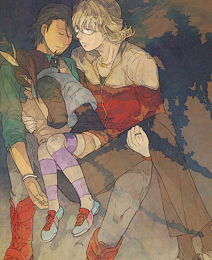 age_difference barnaby_brooks_jr blonde_hair boots brown_eyes brown_hair carrying facial_hair father_and_daughter glasses green_eyes jacket jewelry kaburagi_t_kotetsu male multiple_boys necklace necktie princess_carry red_jacket short_hair side_ponytail sleeping striped striped_legwear stubble thigh-highs thighhighs tiger_&amp;_bunny vest yukasu