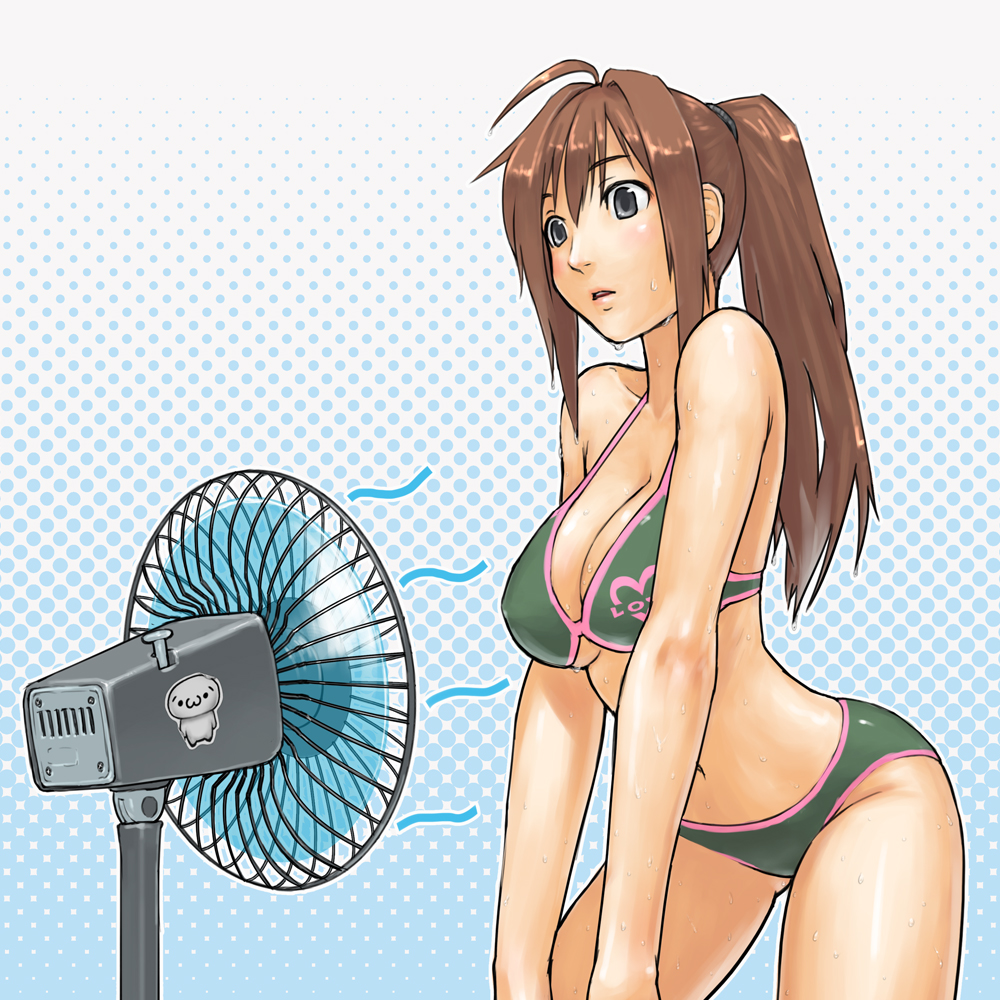 arched_back bent_over bikini black_eyes blush breasts brown_hair cleavage clothes_writing electric_fan fan female hot large_breasts leaning_forward long_hair midriff navel open_mouth original payot ponytail solo sweat sweating sweating_profusely swimsuit wet yoshikawa_hazure