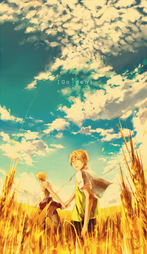 america_(hetalia) axis_powers_hetalia blonde_hair cloud clouds english field green_eyes hand_holding holding_hands looking_back male multiple_boys nature outdoors sanbonzakura signature sky united_kingdom_(hetalia) wheat wind