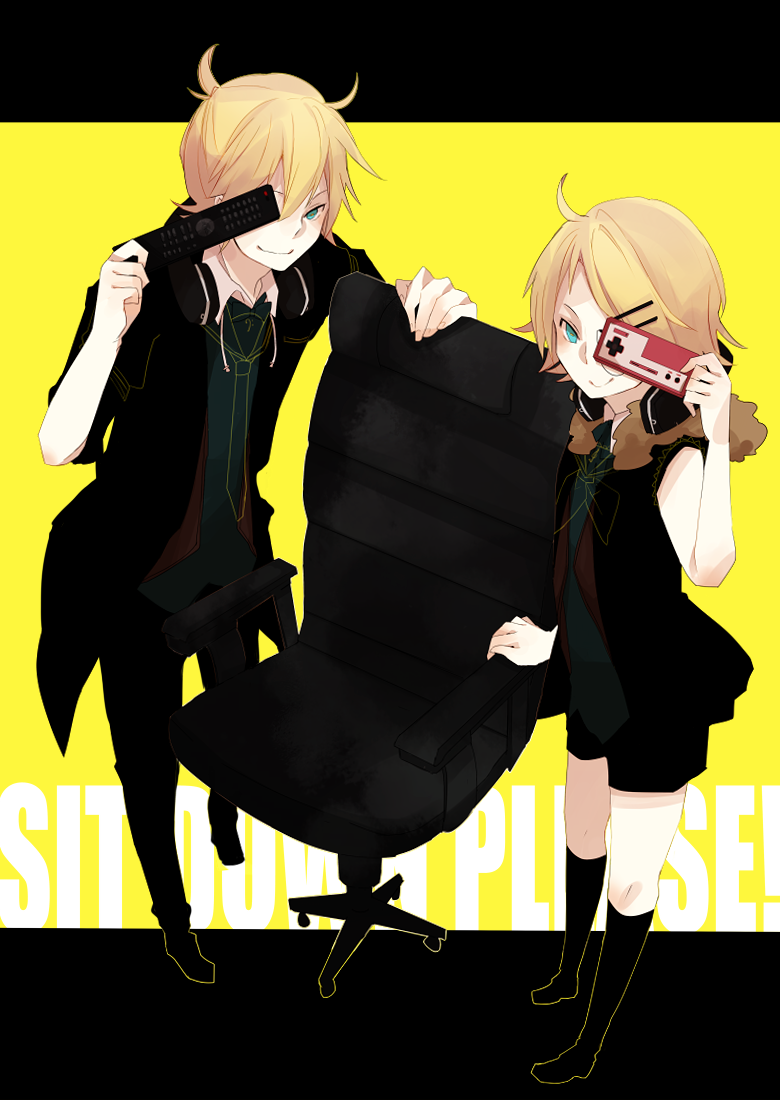 bad_id blonde_hair brother_and_sister controller famicom fur_collar hair_ornament hairclip headphones headphones_around_neck jacket kagamine_len kagamine_rin necktie nes nintendo project_diva project_diva_f rimocon_(vocaloid) short_hair siblings twins vocaloid zakka_(d-o-t)