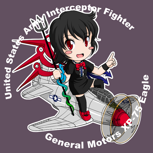 airplane asymmetrical_wings black_hair black_legwear blush_stickers chibi chimera commentary_request dress houjuu_nue military no_nose open_mouth p-75_eagle pointing polearm red_eyes ribbon sakurato_tsuguhi short_hair snake solo spear thigh-highs thighhighs touhou trident weapon wings world_war_ii wristband wwii