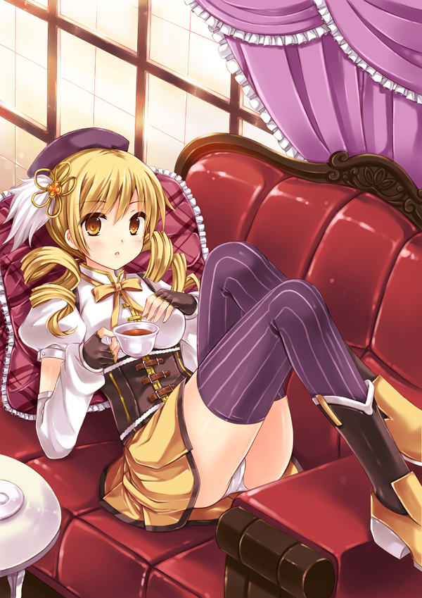 beret blonde_hair boots corset couch cup detached_sleeves drill_hair feet_up fingerless_gloves flower gloves hair_flower hair_ornament hat lying magical_girl mahou_shoujo_madoka_magica on_back orange_eyes panties pantyshot pcmaniac88 skirt solo stare tea teacup thigh-highs thighhighs tomoe_mami twin_drills underwear vertical-striped_legwear vertical_stripes white_panties