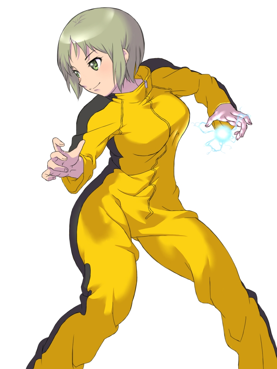 bruce_lee's_jumpsuit bruce_lee's_jumpsuit electricity fighting_stance glowing green_eyes highres huang_baoling jumpsuit onsoku_maru short_hair simple_background solo tiger_&amp;_bunny white_background