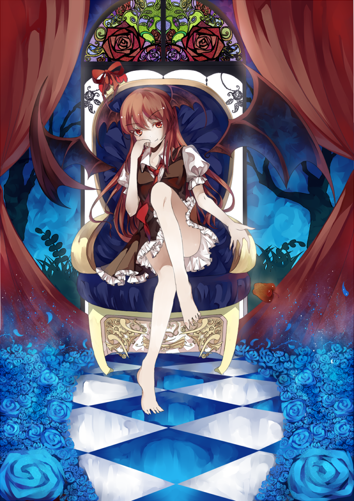 bare_legs barefoot bat_wings blue_rose chair checkered checkered_floor demon_girl feet flower head_wings koakuma long_hair looking_at_viewer necktie red_eyes red_hair redhead rose sitting smile smirk solo stained_glass tajador the_embodiment_of_scarlet_devil throne touhou very_long_hair window wings