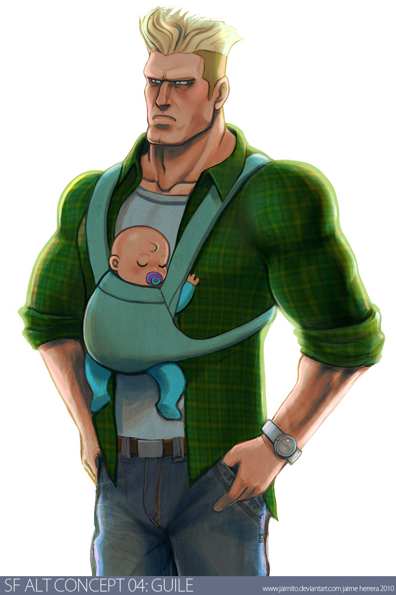 age_difference blonde_hair blue_eyes broad_shoulders capcom closed_eyes eyes_closed family_man father father_and_son good_end grumpy guile haircut highres jaimito jeans manly muscle serious street_fighter watch