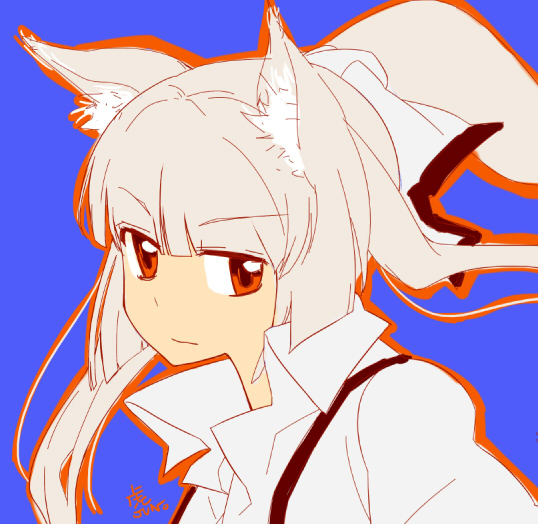 animal_ears bad_id face fujiwara_no_mokou hime_cut kemonomimi_mode ponytail signature simple_background solo spot_color tora_jun touhou