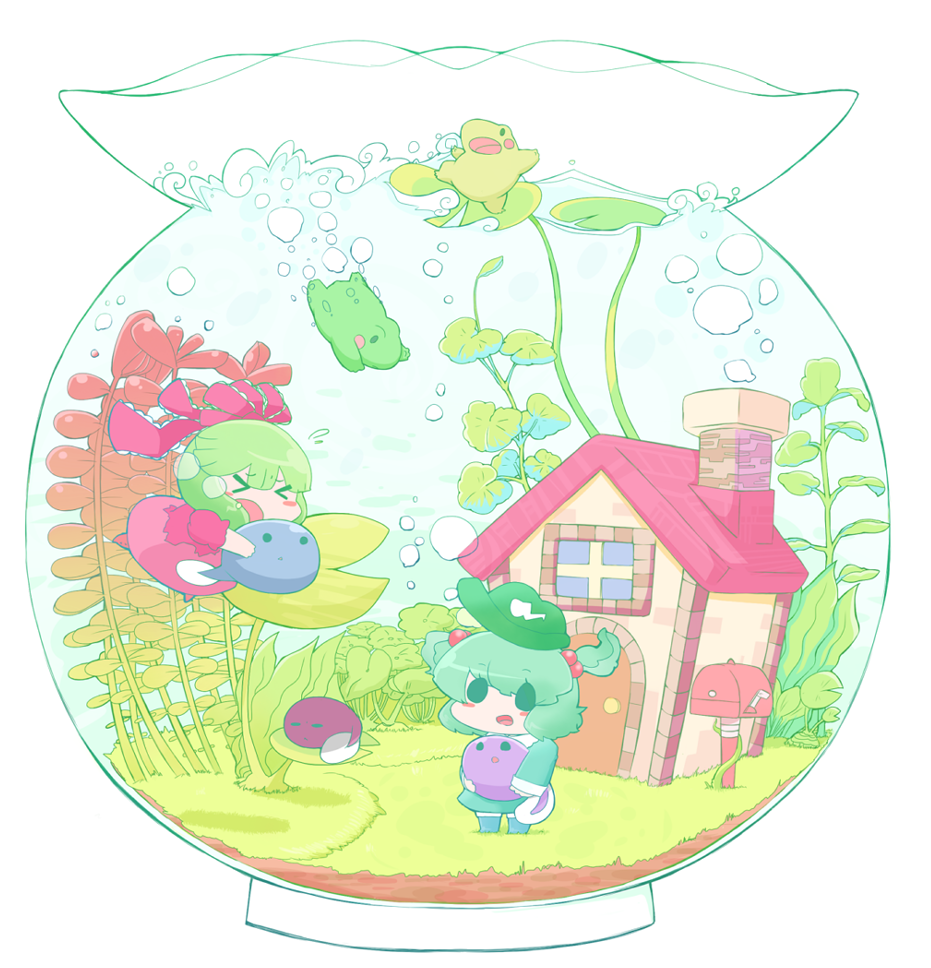 &gt;_&lt; blush_stickers bubble chibi chimney closed_eyes door dress eyes_closed fish_bowl fishbowl frills frog grass green_hair hair_bobbles hair_ornament hair_ribbon house kagiyama_hina kawashiro_nitori leaf lily_pad mailbox multiple_girls nura_(oaaaaaa) open_mouth ribbon rooftop swimming tadpole touhou underwater window