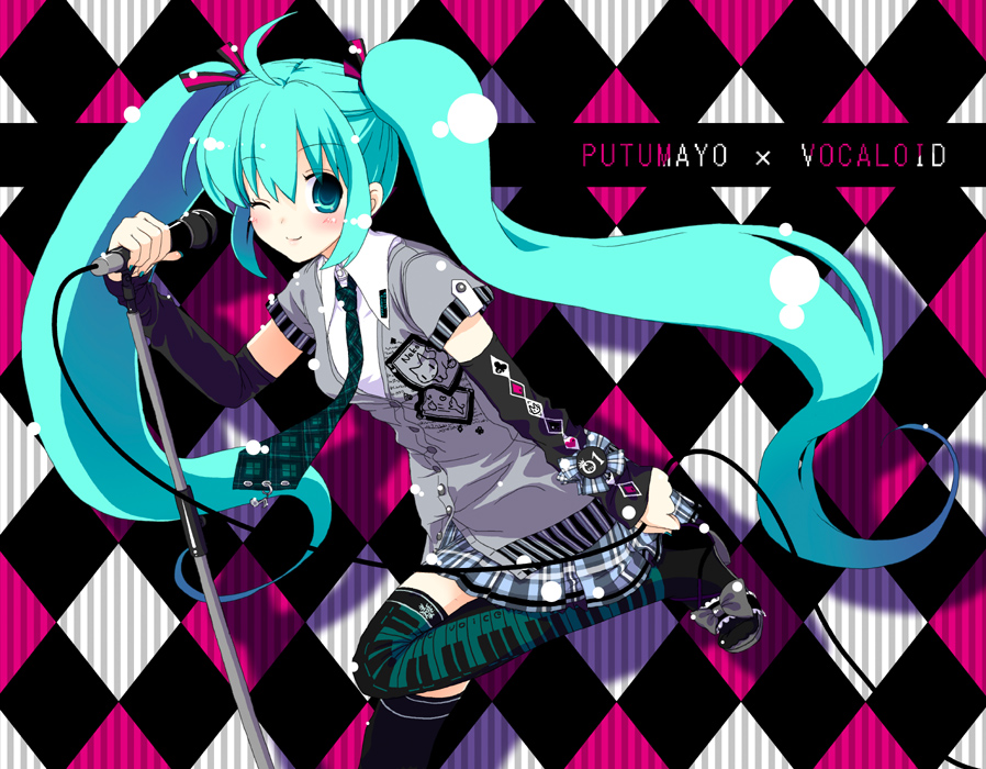 ahoge aqua_eyes aqua_hair argyle arm_warmers cable checkered checkered_background detached_sleeves fashion green_legwear hatsune_miku kasane long_hair microphone microphone_stand necktie piano_keys piano_print plaid print_legwear skirt smile solo thigh-highs thighhighs twintails very_long_hair vocaloid wink