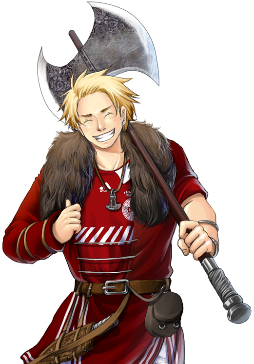 axis_powers_hetalia belt blonde_hair closed_eyes denmark_(hetalia) eyes_closed fur jersey jewelry knife male necklace pouch sherry_lai weapon