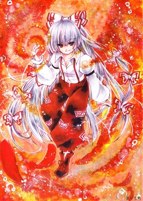 acrylic_paint_(medium) bow dress_shirt fire fujiwara_no_mokou hair_bow long_hair marimo_kaeru marker_(medium) millipen_(medium) pants red_eyes shirt shoes signature silver_hair smile solo suspenders touhou traditional_media very_long_hair