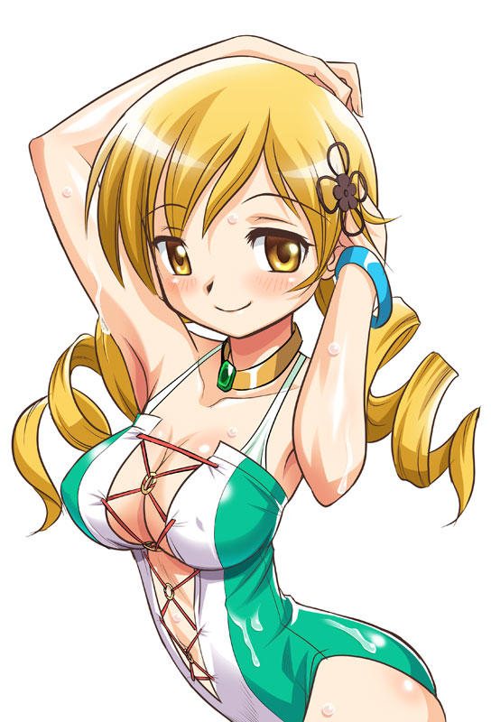 blonde_hair casual_one-piece_swimsuit denden_(dendenden) drill_hair long_hair mahou_shoujo_madoka_magica one-piece_swimsuit smile swimsuit tomoe_mami twin_drills twintails yellow_eyes