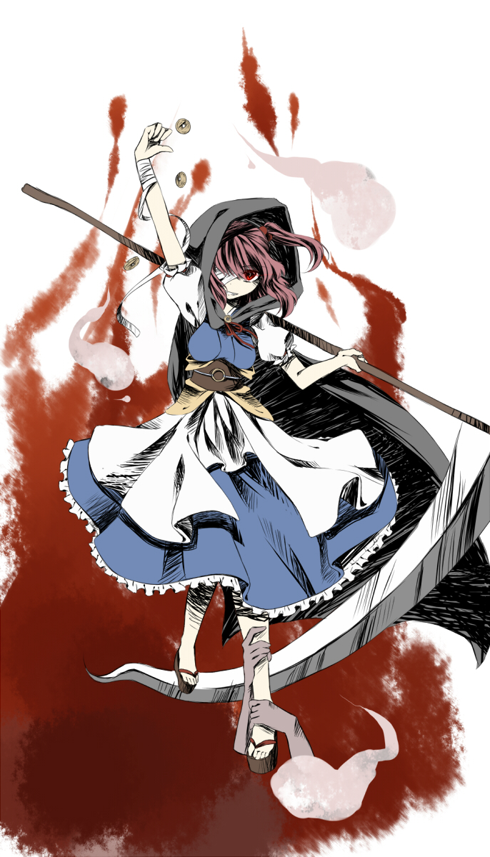 bad_id bandage bandages bare_legs clenched_teeth cloak coin dress frills ghost hair_bobbles hair_ornament hands highres onozuka_komachi pink_hair red_eyes scythe side_ponytail solo teeth_clenched tepes touhou