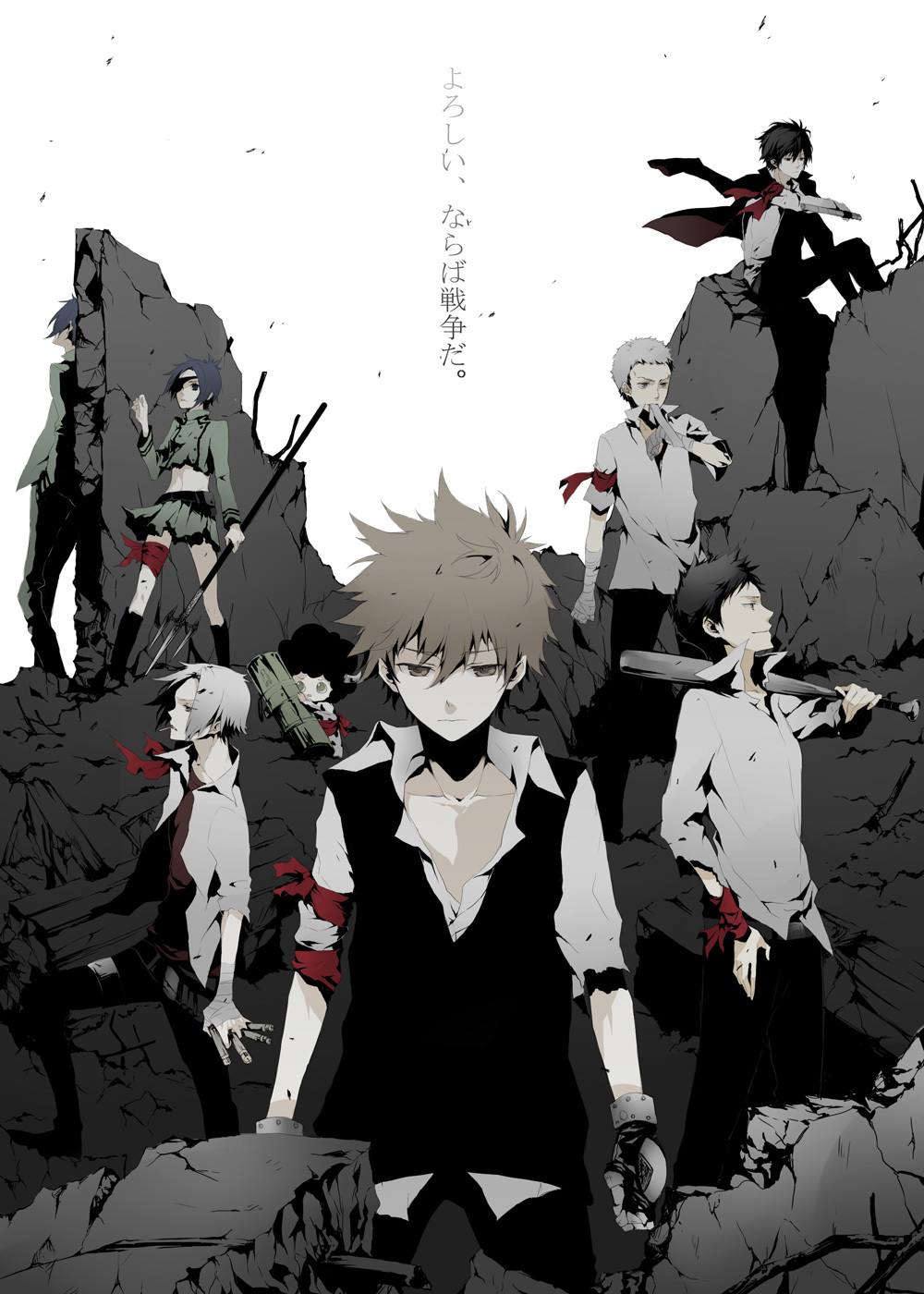 afro bandage bandages baseball_bat bazooka black_hair boy_cow brown_hair chrome_dokuro cow_print dynamite earrings eyepatch gloves gokudera_hayato hibari_kyouya highres horns iccan katekyo_hitman_reborn katekyo_hitman_reborn! lambo multiple_boys polearm purple_hair rokudou_mukuro sasagawa_ryohei sasagawa_ryouhei sawada_tsunayoshi school_uniform short_hair silver_hair skirt spear spot_color student tonfa trident uniform weapon white_hair yamamoto_takeshi