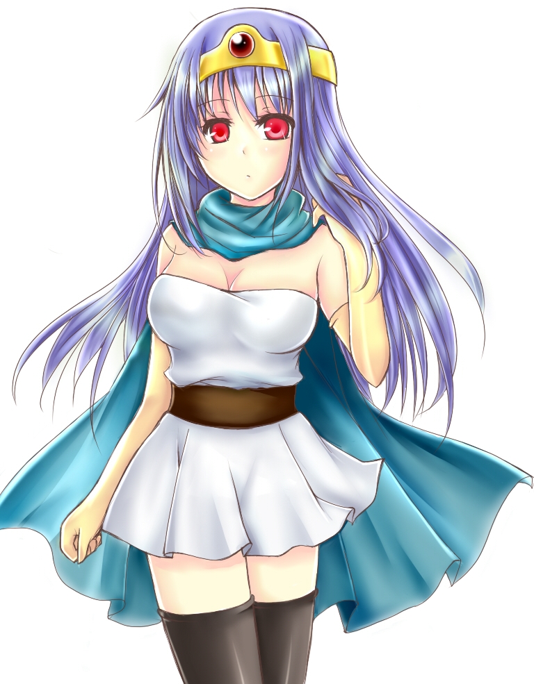cape circlet dragon_quest dragon_quest_iii dress elbow_gloves gloves kazamachikage red_eyes sage_(dq3) simple_background solo thigh-highs thighhighs zettai_ryouiki