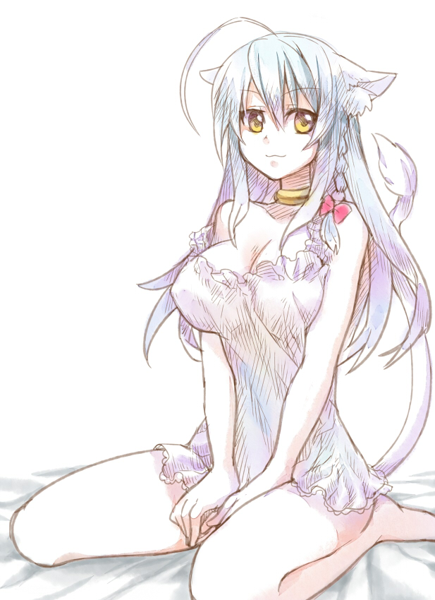 :3 animal_ears bare_shoulders barefoot braid breasts cat_ears cat_tail choker cleavage dog_days erect_nipples frills kaida kaida_michi kneeling large_breasts legs leonmitchelli_galette_des_rois long_hair nightgown silver_hair single_braid sitting solo tail thighs white_hair yellow_eyes