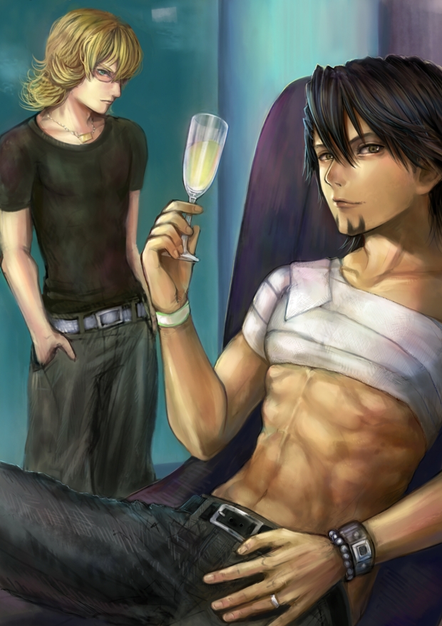 bandage bandages barnaby_brooks_jr belt blonde_hair blue_eyes bracelet brown_eyes brown_hair cup facial_hair glasses hands_in_pockets jewelry kaburagi_t_kotetsu male multiple_boys necklace ring shirtless short_hair stubble studded_belt tiger_&amp;_bunny tyun vest watch wedding_band wedding_ring wine_glass wristwatch