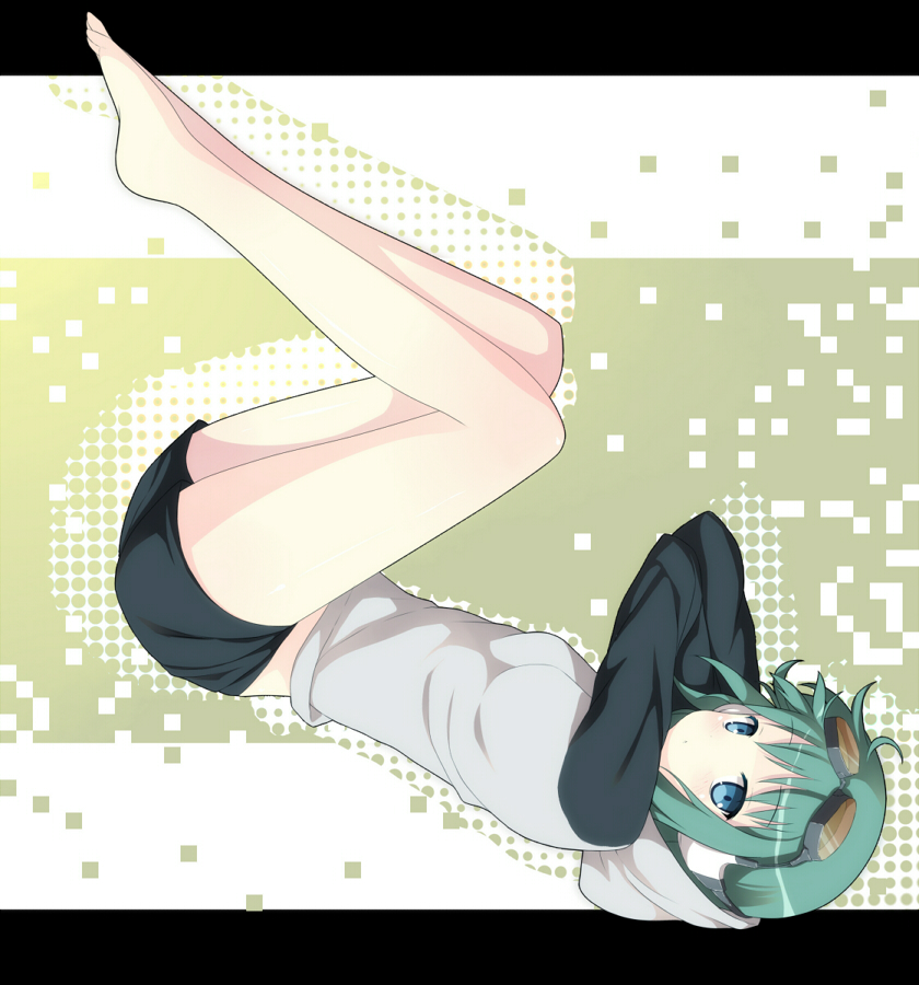 1girl bad_id barefoot blush gingami goggles goggles_on_head green_eyes green_hair gumi hoodie nagomi_no_ame short_hair shorts solo upside-down vocaloid