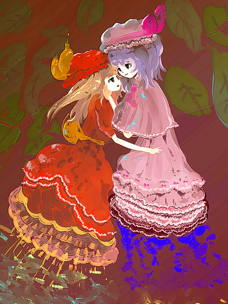 angra_pastel bad_id dress embellished_costume eye_contact flandre_scarlet frilled_dress frills hat looking_at_another multiple_girls no_wings remilia_scarlet siblings sisters touhou