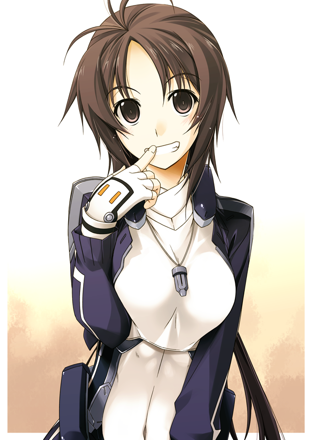 1girl bodysuit breasts brown_eyes brown_hair finger_to_face fingerless_gloves gloves grin jewelry kyoukai_senjou_no_horizon long_hair long_sleeves necklace oriotorai_makiko ponytail shikei smile solo