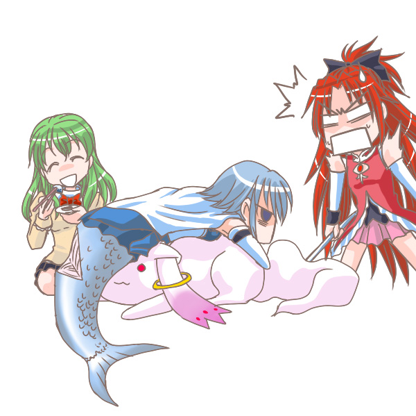 ^_^ blue_eyes blue_hair chibi closed_eyes kisaragi_ryou_(sougetsu-tei) kisaragiya kyubey long_hair magical_girl mahou_shoujo_madoka_magica mermaid miki_sayaka monster_girl multiple_girls ponytail red_hair redhead sakura_kyouko shizuki_hitomi short_hair spoilers thighhighs