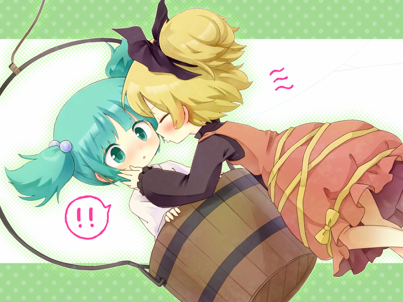 !! 2girls blonde_hair blush bow bucket closed_eyes eyes_closed girl_in_bucket green_eyes green_hair hair_bobbles hair_bow hair_ornament hand_on_another's_cheek hand_on_another's_face hand_on_cheek heart-shaped_pupils in_bucket in_container incipient_kiss kisume kurodani_yamame multiple_girls open_mouth short_hair tona_(nekotte) touhou twintails