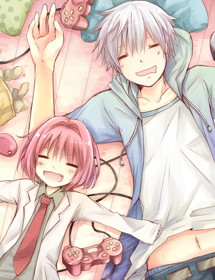 beelzebub_(manga) closed_eyes controller cranio cranio78945 drooling eyes_closed fang furuichi_takayuki game_controller hoodie lamia_(beelebub) lamia_(beelzebub) navel necktie pink_hair potato_chips ramia_(beelzebub) silver_hair sleeping