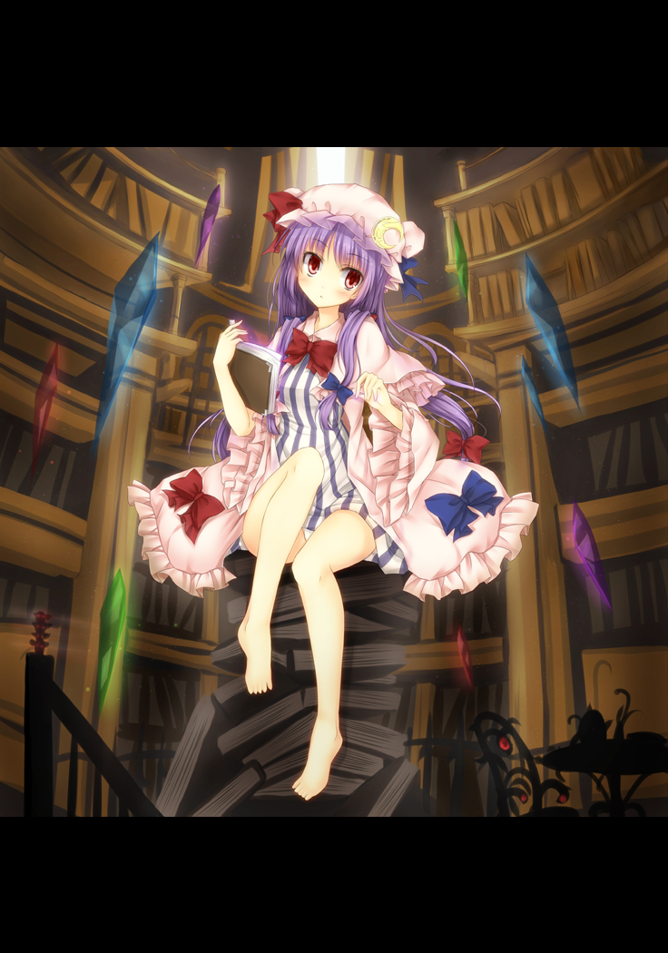 bare_legs barefoot blush book bow bowtie crescent crystal dress floating_object gem hair_bow hat kaguyuu legs letterboxed library long_hair patchouli_knowledge pink_dress purple_eyes purple_hair red_eyes sitting_on_object solo touhou violet_eyes voile