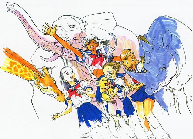 bird capcom cub dark_skin elena elephant giraffe glasses kinu_nishimura lion lowres midriff monkey multiple_girls narumi_(street_fighter) nishimura_kinu official_art rhinoceros school_uniform serafuku short_hair street_fighter street_fighter_iii zoo